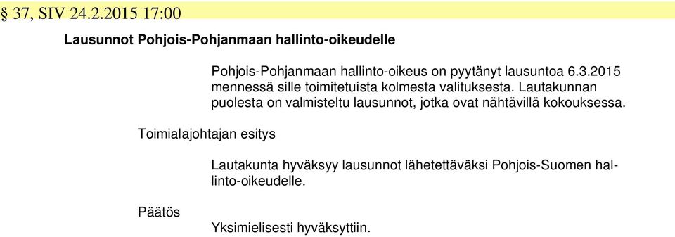 hallinto-oikeus on pyytänyt lausuntoa 6.3.