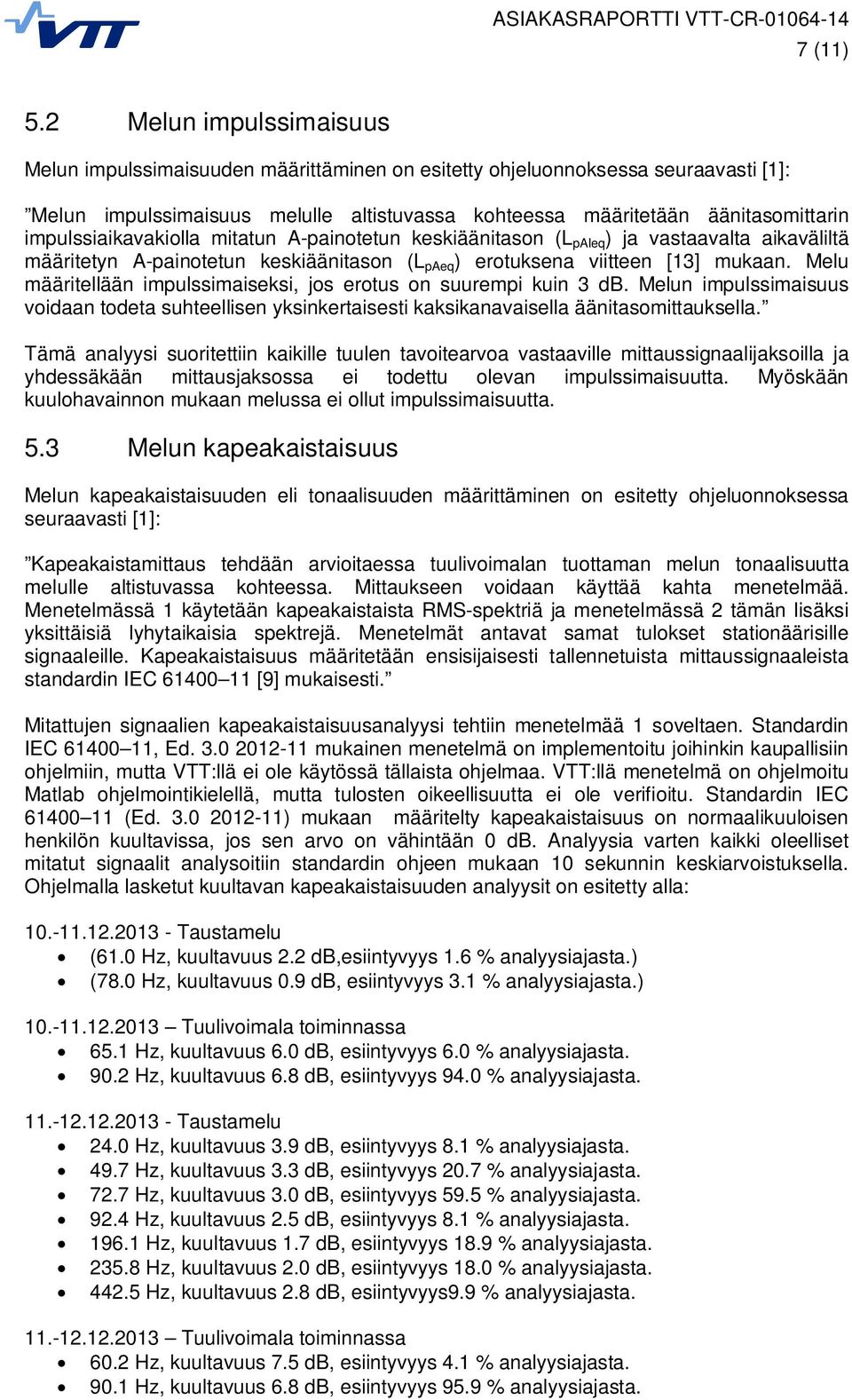 impulssiaikavakiolla mitatun A-painotetun keskiäänitason (L paieq ) ja vastaavalta aikaväliltä määritetyn A-painotetun keskiäänitason (L paeq ) erotuksena viitteen [13] mukaan.