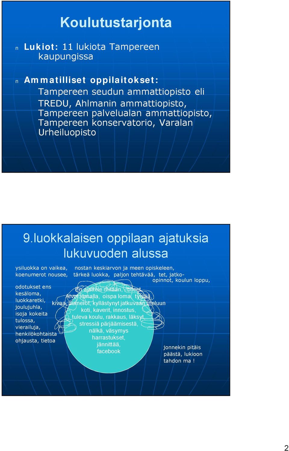 luokkalaisen oppilaan ajatuksia lukuvuoden alussa ysiluokka on vaikea, nostan keskiarvon ja meen opiskeleen, koenumerot nousee, tärkeä luokka, paljon tehtävää, tet, jatkoopinnot, koulun loppu,