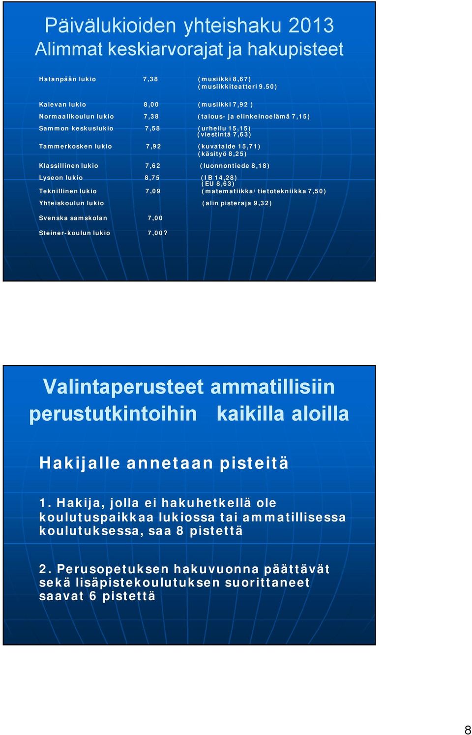 (käsityö 8,25) Klassillinen lukio 7,62 (luonnontiede 8,18) Lyseon lukio 8,75 (IB 14,28) (EU 8,63) Teknillinen lukio 7,09 (matematiikka/tietotekniikka 7,50) Yhteiskoulun lukio (alin pisteraja 9,32)