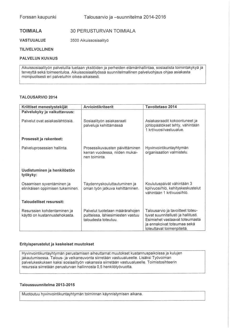 TALOUSARVIO 2014 Kriittiset menestystekijät Arviintikriteerit Tavitetas 2014 Palvelukyky ja vaikuttavuus: Palvelut vat asiakaslähtöisiä.