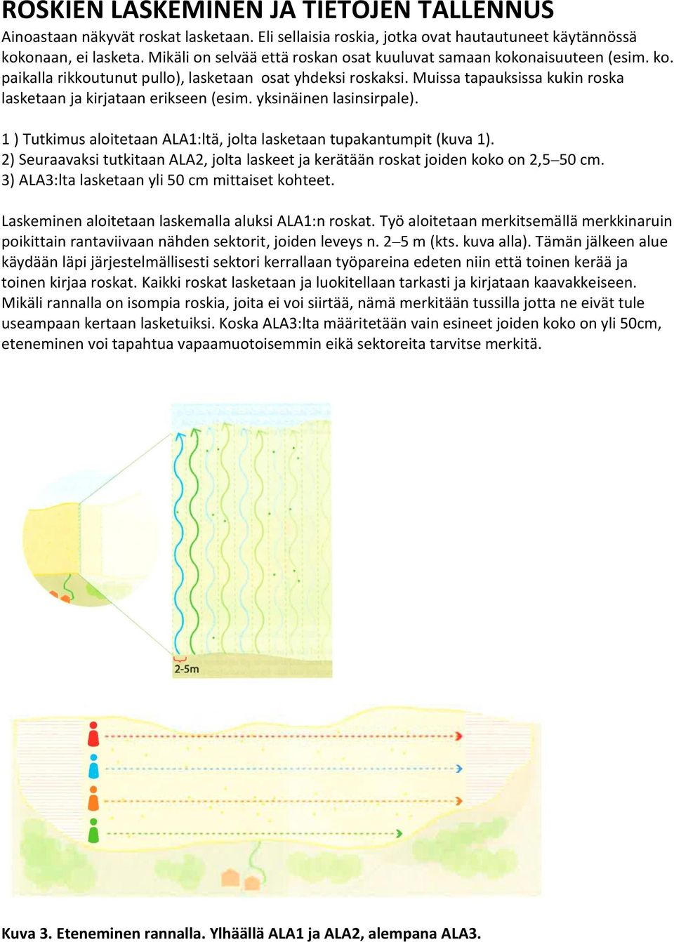 Muissa tapauksissa kukin roska lasketaan ja kirjataan erikseen (esim. yksinäinen lasinsirpale). 1 ) Tutkimus aloitetaan ALA1:ltä, jolta lasketaan tupakantumpit (kuva 1).