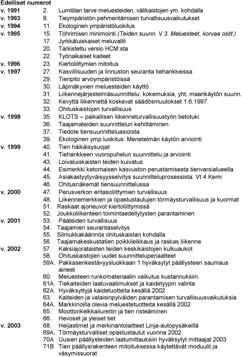 Kiertoliittymien mitoitus v. 1997 27. Kasvillisuuden ja linnuston seuranta tiehankkeissa 29. Tienpito arvoympäristöissä 30. Läpinäkyvien meluesteiden käyttö 31.