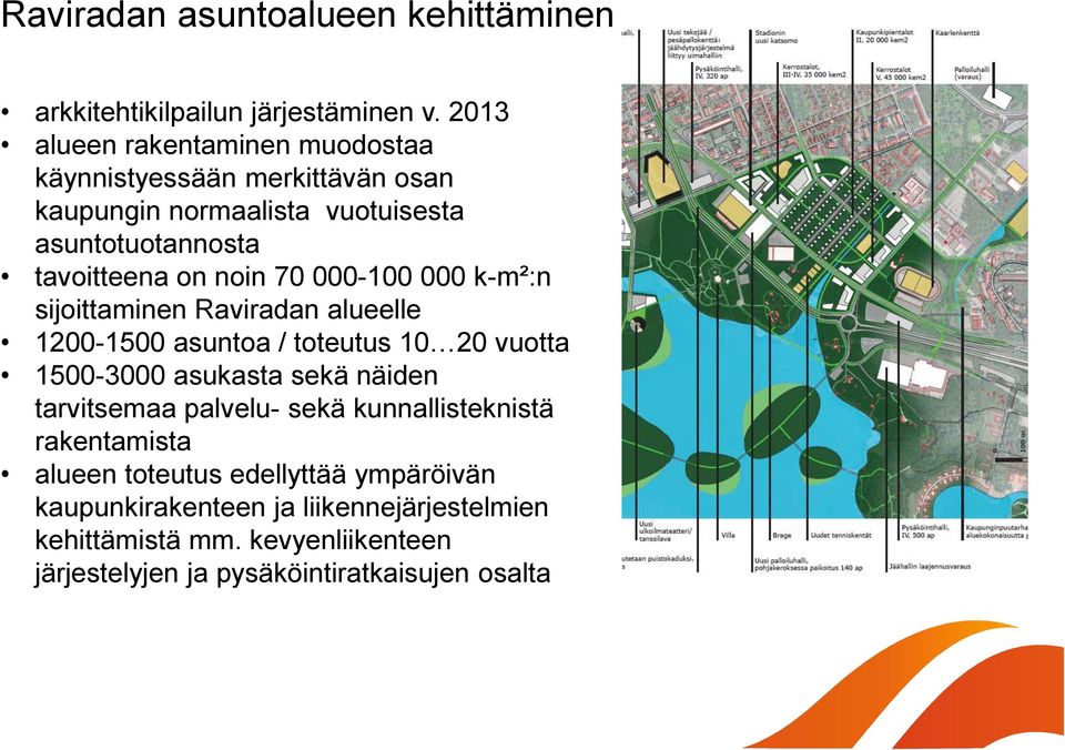 70 000-100 000 k-m²:n sijoittaminen Raviradan alueelle 1200-1500 asuntoa / toteutus 10 20 vuotta 1500-3000 asukasta sekä näiden tarvitsemaa