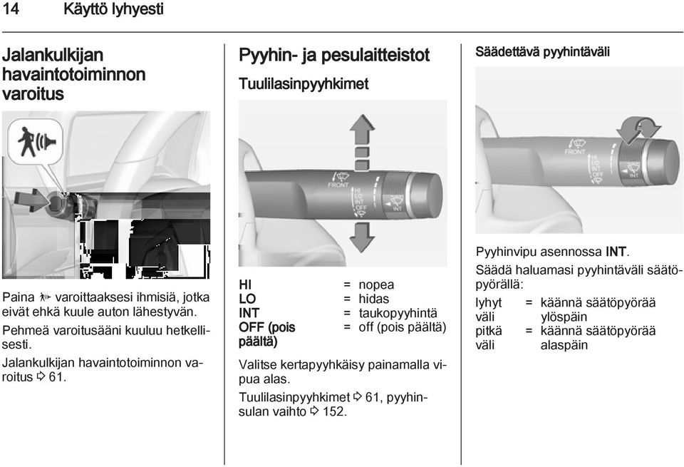 HI LO INT OFF (pois päältä) = nopea = hidas = taukopyyhintä = off (pois päältä) Valitse kertapyyhkäisy painamalla vipua alas.