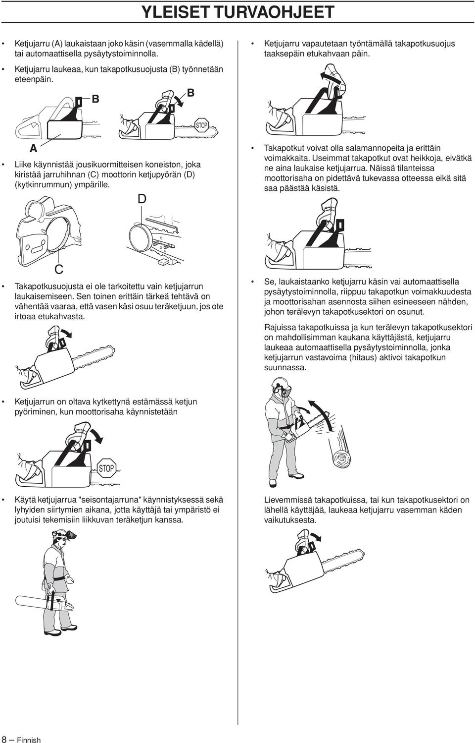 Liike käynnistää jousikuormitteisen koneiston, joka kiristää jarruhihnan (C) moottorin ketjupyörän (D) (kytkinrummun) ympärille. Takapotkut voivat olla salamannopeita ja erittäin voimakkaita.