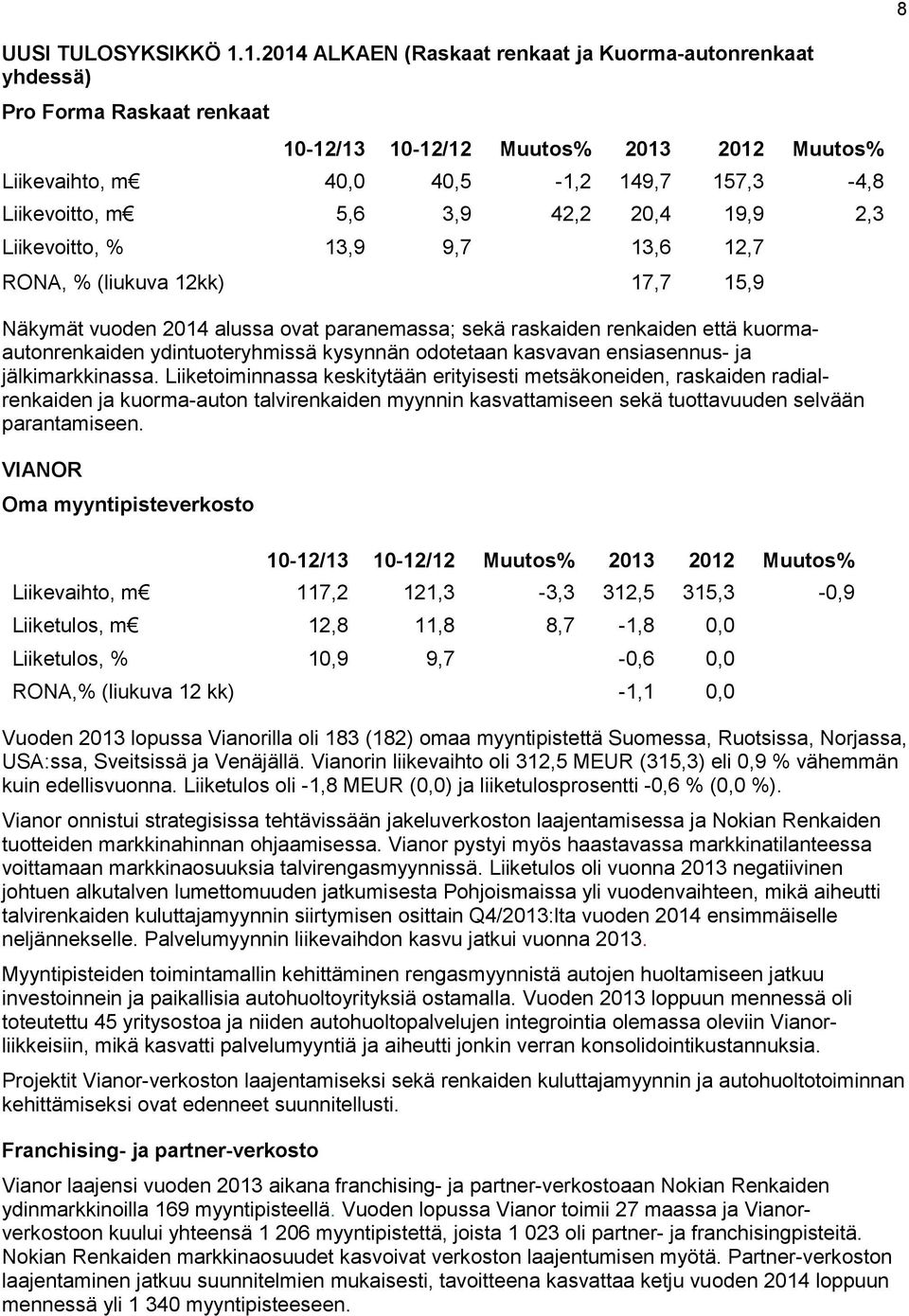 3,9 42,2 20,4 19,9 2,3 Liikevoitto, % 13,9 9,7 13,6 12,7 RONA, % (liukuva 12kk) 17,7 15,9 Näkymät vuoden 2014 alussa ovat paranemassa; sekä raskaiden renkaiden että kuormaautonrenkaiden