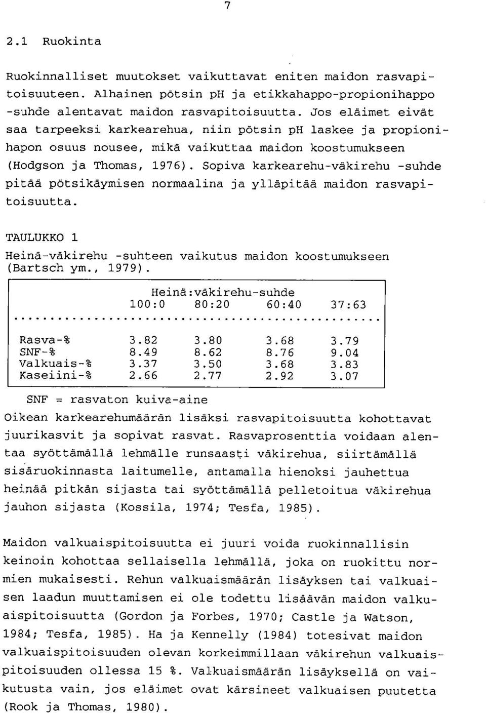 Sopiva karkearehu-väkirehu -suhde pitää pötsikäymisen normaalina ja ylläpitää maidon rasvapitoisuutta. TAULUKKO 1 Heinä-väkirehu -suhteen vaikutus maidon koostumukseen (Bartsch ym., 1979).