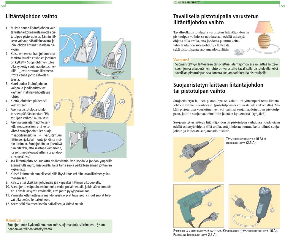 Suojajohtimen tulee olla kytketty suojamaadoitusmerkillä varustettuun liittimeen. Irrota vanha johto sähkölaitteesta. 3.