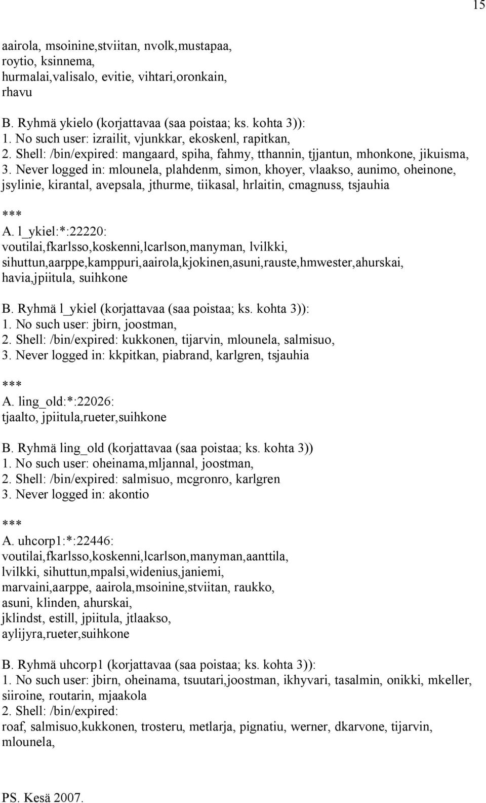 Never logged in: mlounela, plahdenm, simon, khoyer, vlaakso, aunimo, oheinone, jsylinie, kirantal, avepsala, jthurme, tiikasal, hrlaitin, cmagnuss, tsjauhia A.