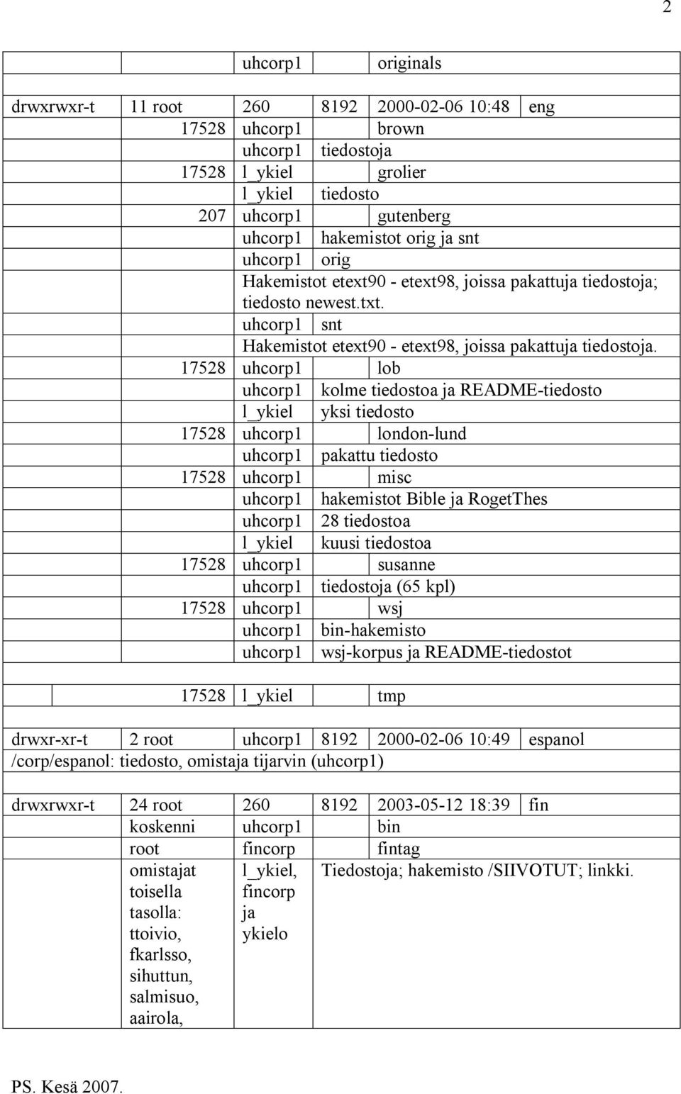 17528 uhcorp1 lob uhcorp1 kolme tiedostoa ja README-tiedosto l_ykiel yksi tiedosto 17528 uhcorp1 london-lund uhcorp1 pakattu tiedosto 17528 uhcorp1 misc uhcorp1 hakemistot Bible ja RogetThes uhcorp1