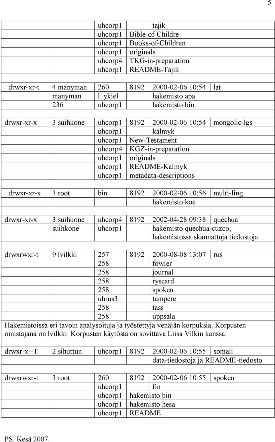 koe drwxr-xr-x 3 suihkone 8192 2002-04-28 09:38 quechua suihkone uhcorp1 hakemisto quechua-cuzco; hakemistossa skannattuja tiedostoja drwxrwxr-t 9 lvilkki 257 8192 2000-08-08 13:07 rus 258 fowler 258
