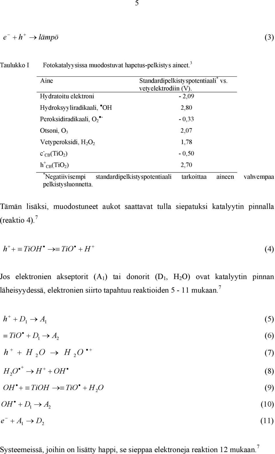 standardipelkistyspotentiaali tarkoittaa aineen vahvempaa pelkistysluonnetta. Tämän lisäksi, muodostuneet aukot saattavat tulla siepatuksi katalyytin pinnalla (reaktio 4).