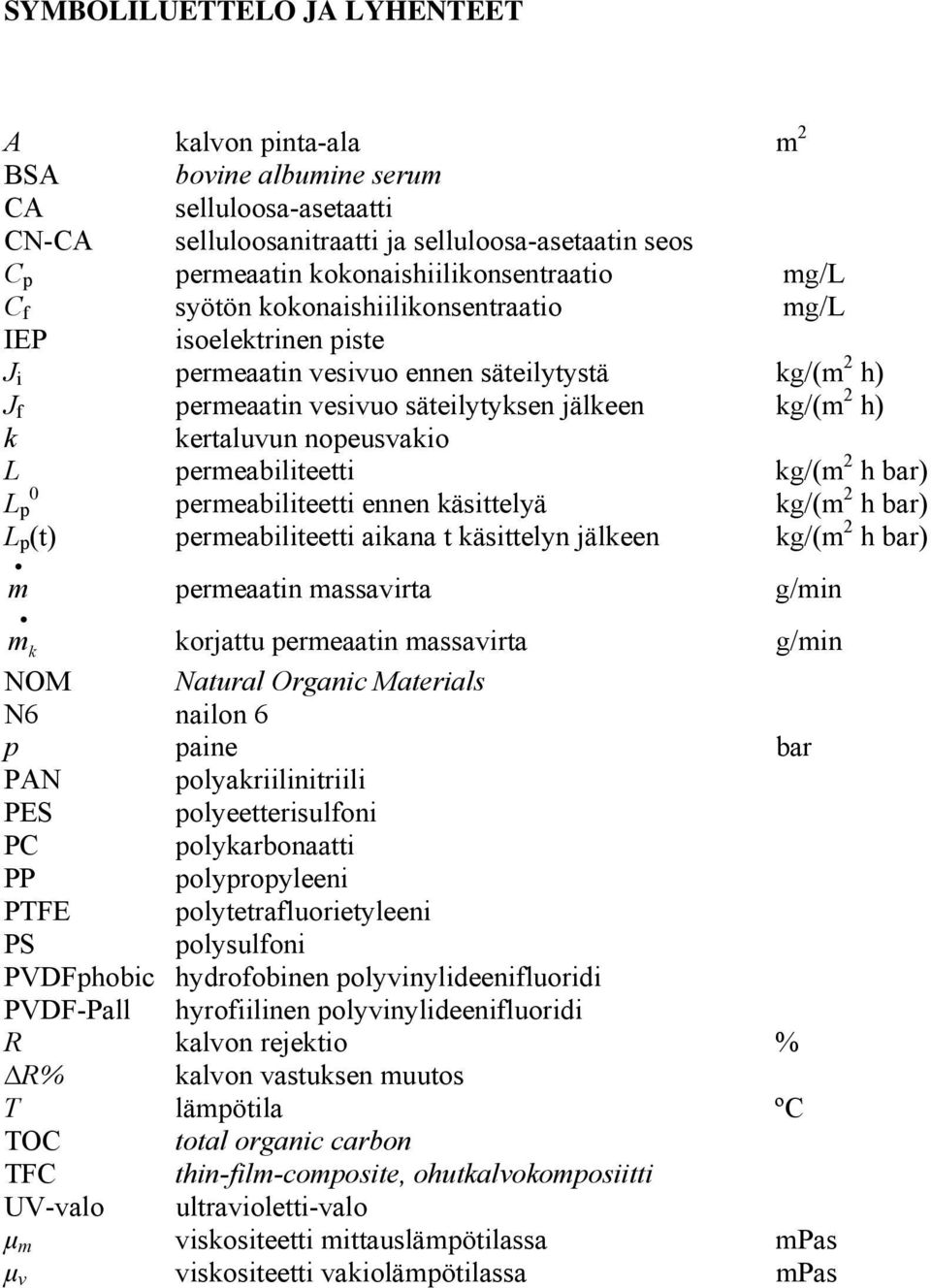 nopeusvakio L permeabiliteetti kg/(m 2 h bar) 0 L p permeabiliteetti ennen käsittelyä kg/(m 2 h bar) L p (t) permeabiliteetti aikana t käsittelyn jälkeen kg/(m 2 h bar) m permeaatin massavirta g/min