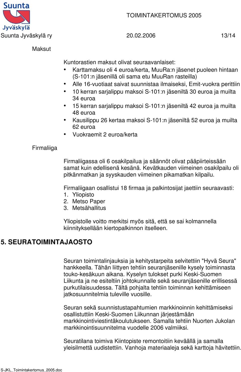 saivat suunnistaa ilmaiseksi, Emit-vuokra perittiin 10 kerran sarjalippu maksoi S-101:n jäseniltä 30 euroa ja muilta 34 euroa 15 kerran sarjalippu maksoi S-101:n jäseniltä 42 euroa ja muilta 48 euroa