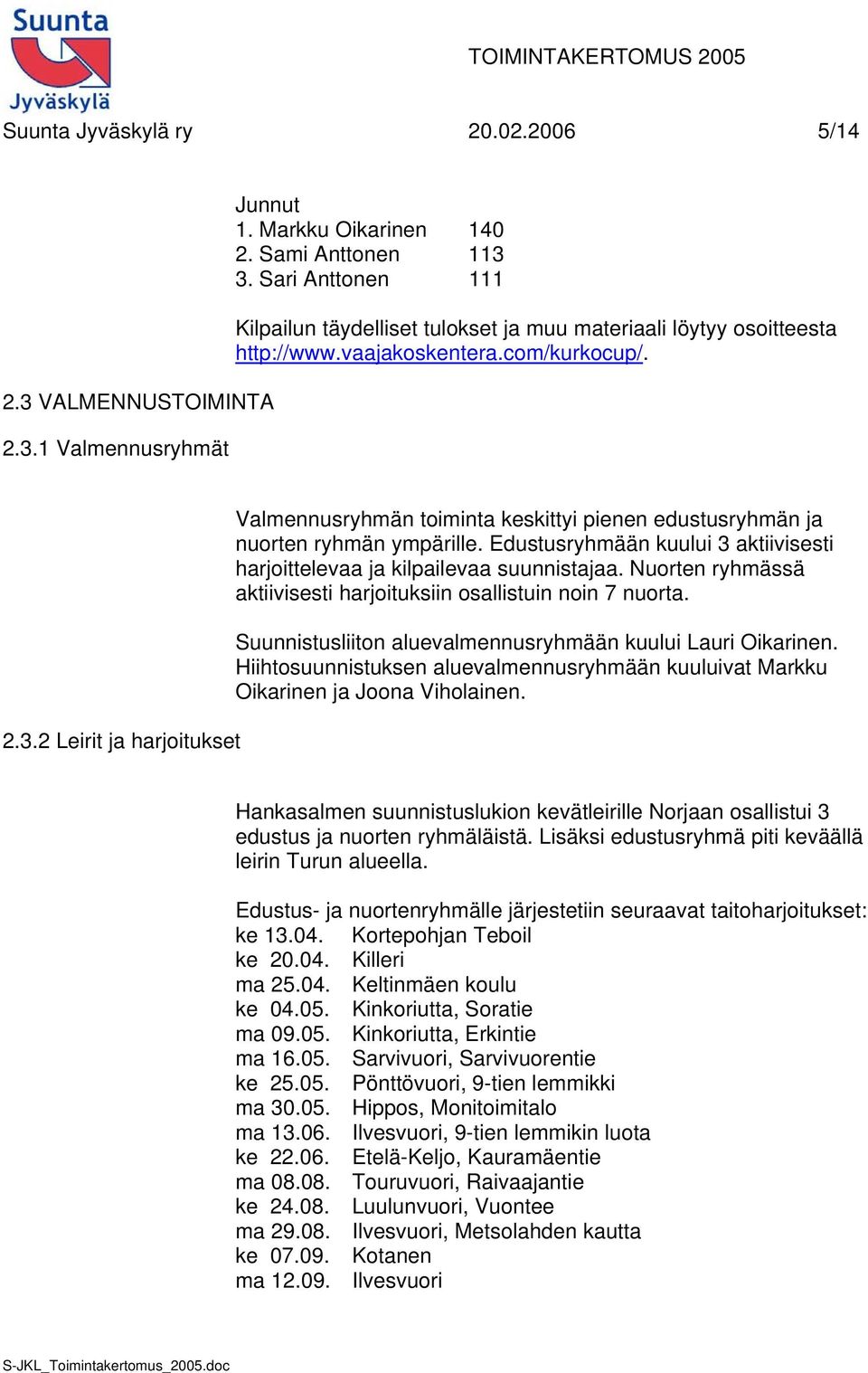 2 Leirit ja harjoitukset Valmennusryhmän toiminta keskittyi pienen edustusryhmän ja nuorten ryhmän ympärille. Edustusryhmään kuului 3 aktiivisesti harjoittelevaa ja kilpailevaa suunnistajaa.
