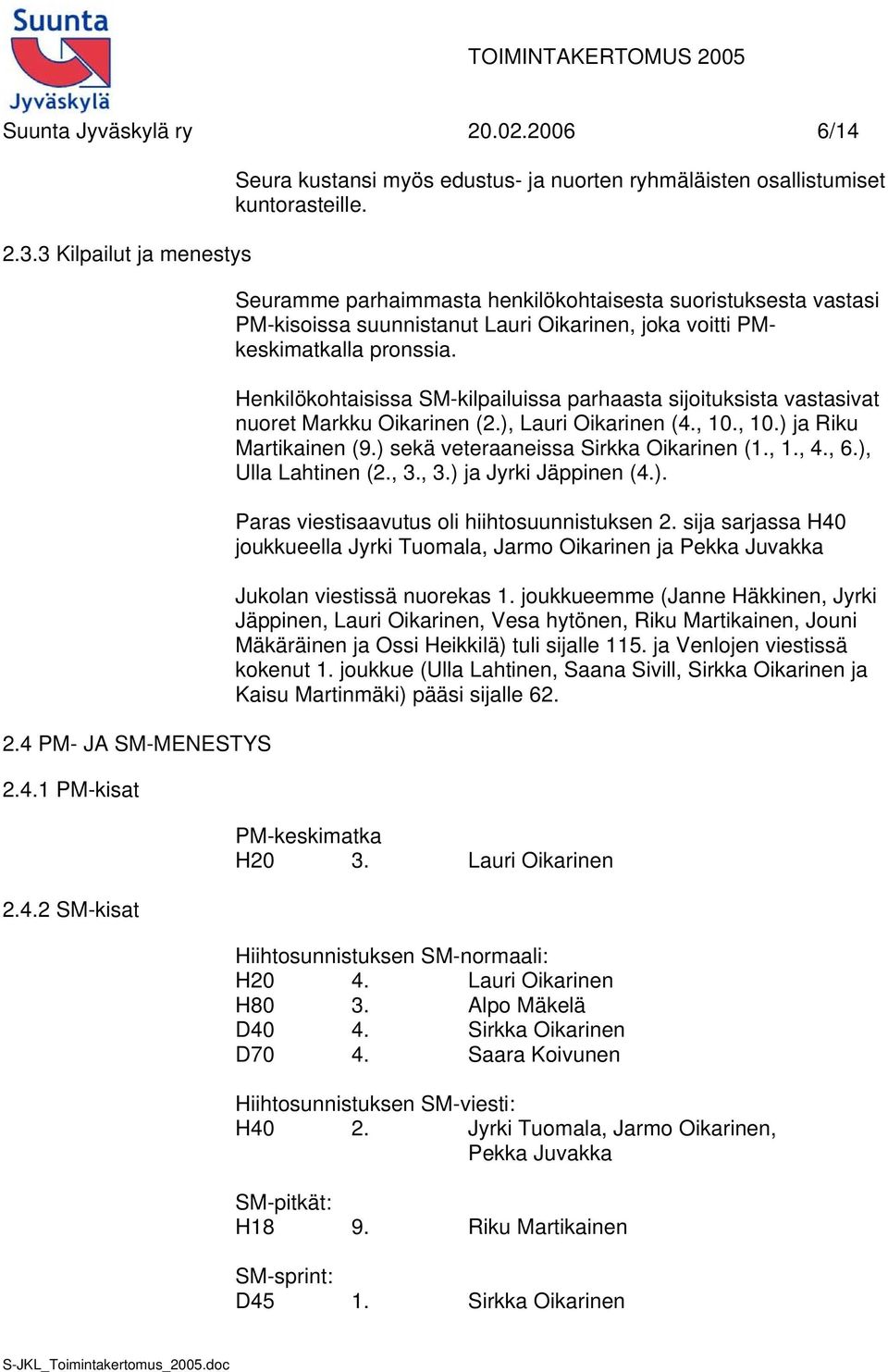 Henkilökohtaisissa SM-kilpailuissa parhaasta sijoituksista vastasivat nuoret Markku Oikarinen (2.), Lauri Oikarinen (4., 10., 10.) ja Riku Martikainen (9.) sekä veteraaneissa Sirkka Oikarinen (1., 1., 4.