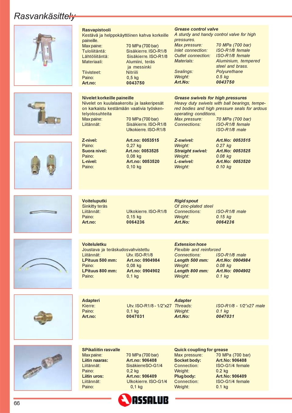 Max pressure: 70 MPa (700 bar) Inlet connection: ISO-R1/8 female Outlet connection: ISO-R1/8 female Materials: Aluminium, tempered steel and brass. Sealings: Polyurethane 0.5 kg Art.
