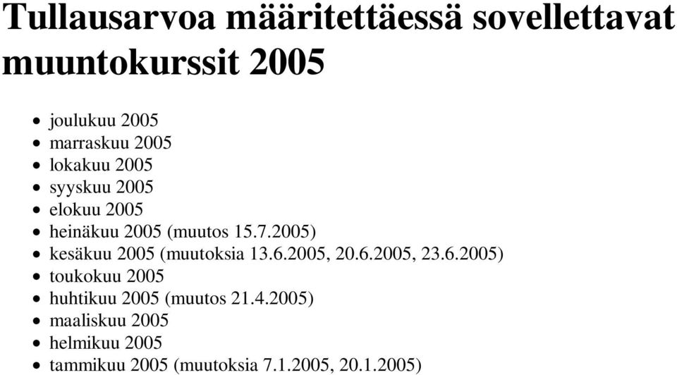 2005) kesäkuu 2005 (muutoksia 13.6.2005, 20.6.2005, 23.6.2005) toukokuu 2005 huhtikuu 2005 (muutos 21.