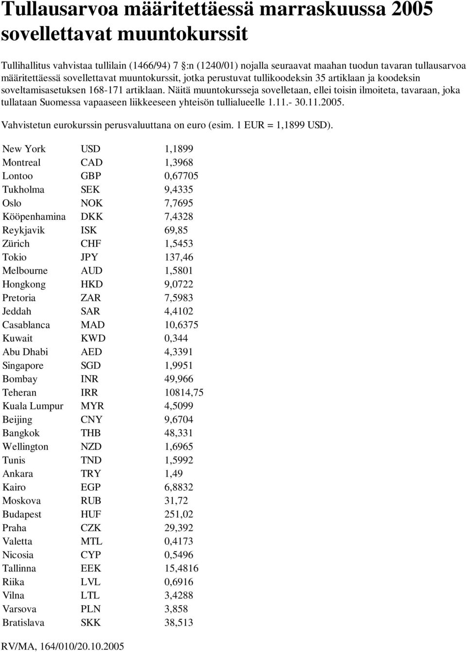 New York USD 1,1899 Montreal CAD 1,3968 Lontoo GBP 0,67705 Tukholma SEK 9,4335 Oslo NOK 7,7695 Kööpenhamina DKK 7,4328 Reykjavik ISK 69,85 Zürich CHF 1,5453 Tokio JPY 137,46 Melbourne AUD 1,5801