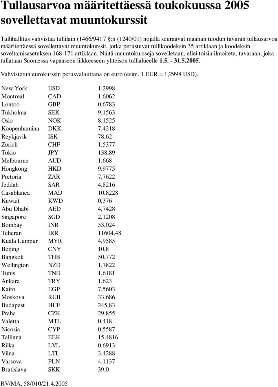 New York USD 1,2998 Montreal CAD 1,6062 Lontoo GBP 0,6783 Tukholma SEK 9,1563 Oslo NOK 8,1525 Kööpenhamina DKK 7,4218 Reykjavik ISK 78,62 Zürich CHF 1,5377 Tokio JPY 138,89 Melbourne AUD 1,668