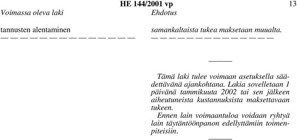 Lakia sovelletaan 1 päivänä tammikuuta 2002 tai sen jälkeen aiheutuneista kustannuksista