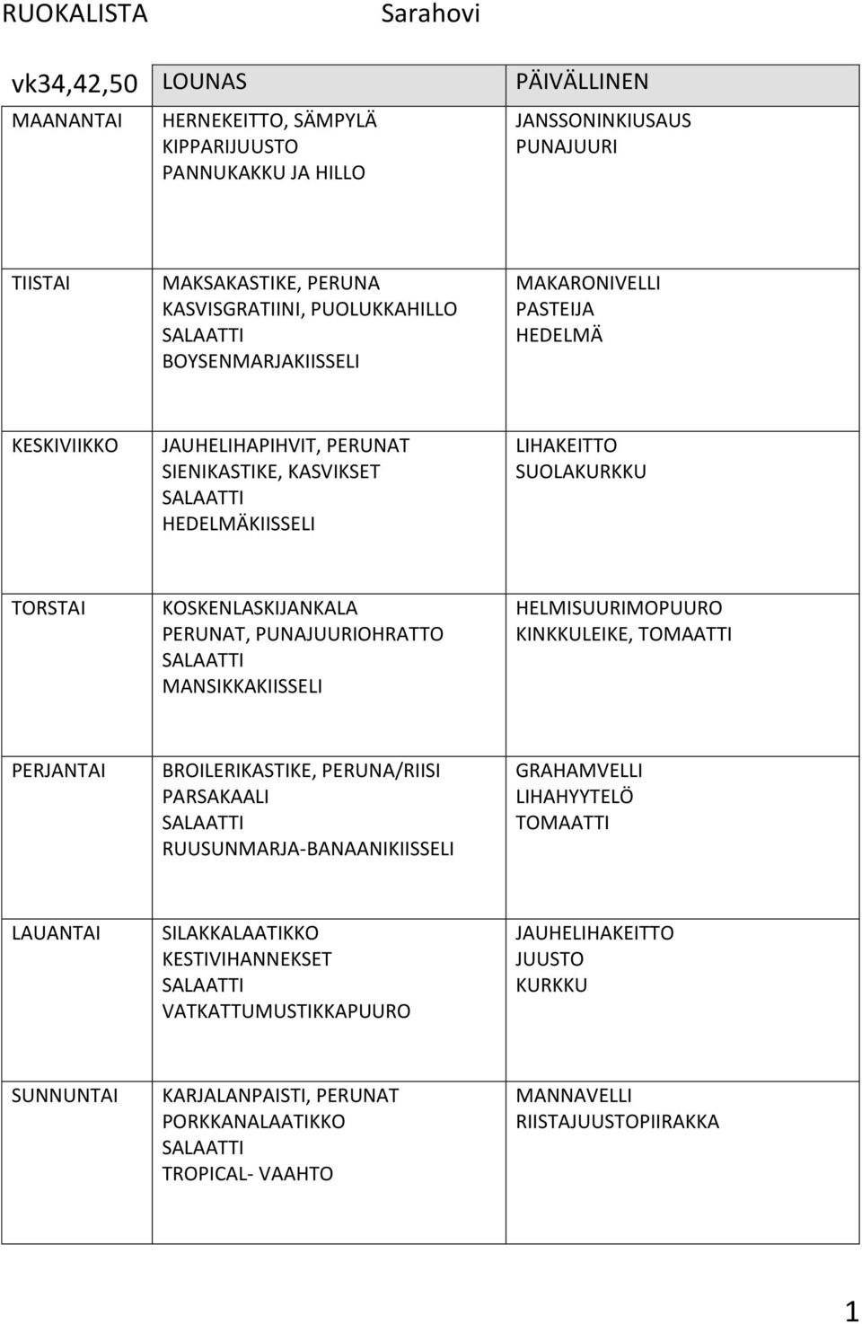 PUNAJUURIOHRATTO MANSIKKAKIISSELI HELMISUURIMOPUURO KINKKULEIKE, BROILERI, PERUNA/RIISI PARSAKAALI RUUSUNMARJA-BANAANIKIISSELI GRAHAMVELLI