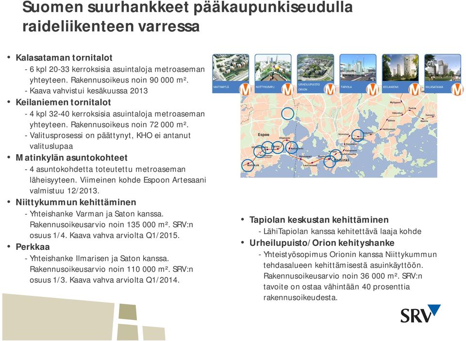 - Valitusprosessi on päättynyt, KHO ei antanut valituslupaa Matinkylän asuntokohteet - 4 asuntokohdetta toteutettu metroaseman läheisyyteen. Viimeinen kohde Espoon Artesaani valmistuu 12/2013.