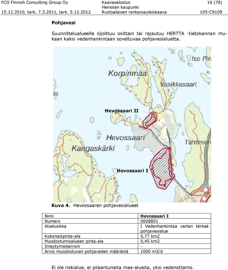 Hevossaaren pohjavesialueet Nimi Hevossaari I Numero 0608801 Alueluokka I Vedenhankintaa varten tärkeä pohjavesialue Kokonaispinta-ala