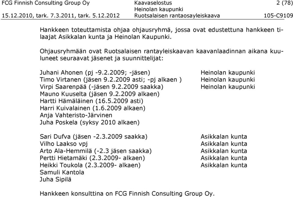 2.2009 saakka) Mauno Kuuselta (jäsen 9.2.2009 alkaen) Hartti Hämäläinen (16.5.2009 asti) Harri Kuivalainen (1.6.2009 alkaen) Anja Vahteristo-Järvinen Juha Poskela (syksy 2010 alkaen) Sari Dufva (jäsen -2.