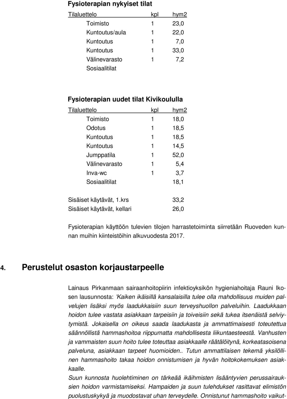 krs 33,2 Sisäiset käytävät, kellari 26,0 Fysioterapian käyttöön tulevien tilojen harrastetoiminta siirretään Ruoveden kunnan muihin kiinteistöihin alkuvuodesta 2017. 4.