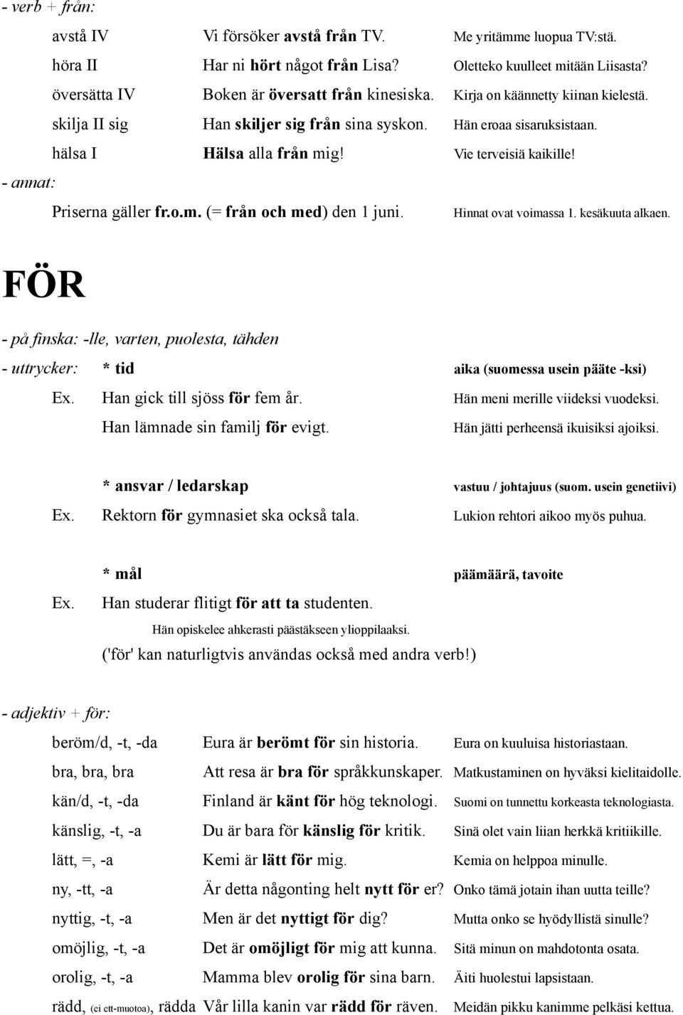 Hinnat ovat voimassa 1. kesäkuuta alkaen. FÖR - på finska: -lle, varten, puolesta, tähden - uttrycker: * tid aika (suomessa usein pääte -ksi) Ex. Han gick till sjöss för fem år.