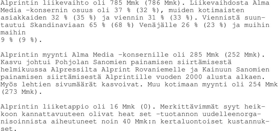 Kasvu johtui Pohjolan Sanomien painamisen siirtämisestä helmikuussa Alpressilta Alprint Rovaniemelle ja Kainuun Sanomien painamisen siirtämisestä Alprintille vuoden 2000 alusta alkaen.