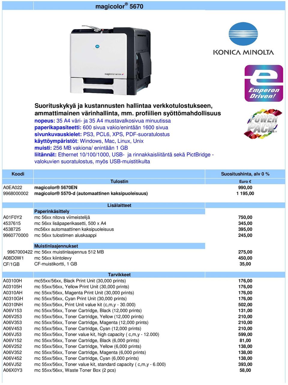 käyttöympäristöt: Windows, Mac, Linux, Unix muisti: 256 MB vakiona/ enintään 1 GB liitännät: Ethernet 10/100/1000, USB- ja rinnakkaisliitäntä sekä PictBridge - valokuvien suoratulostus, myös