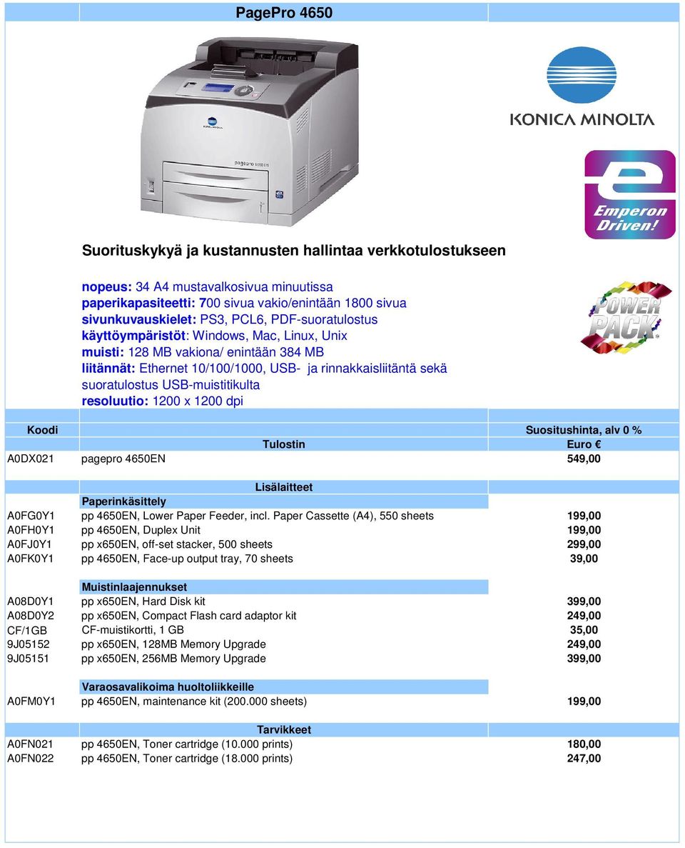 resoluutio: 1200 x 1200 dpi Tulostin Euro A0DX021 pagepro 4650EN 549,00 A0FG0Y1 pp 4650EN, Lower Paper Feeder, incl.