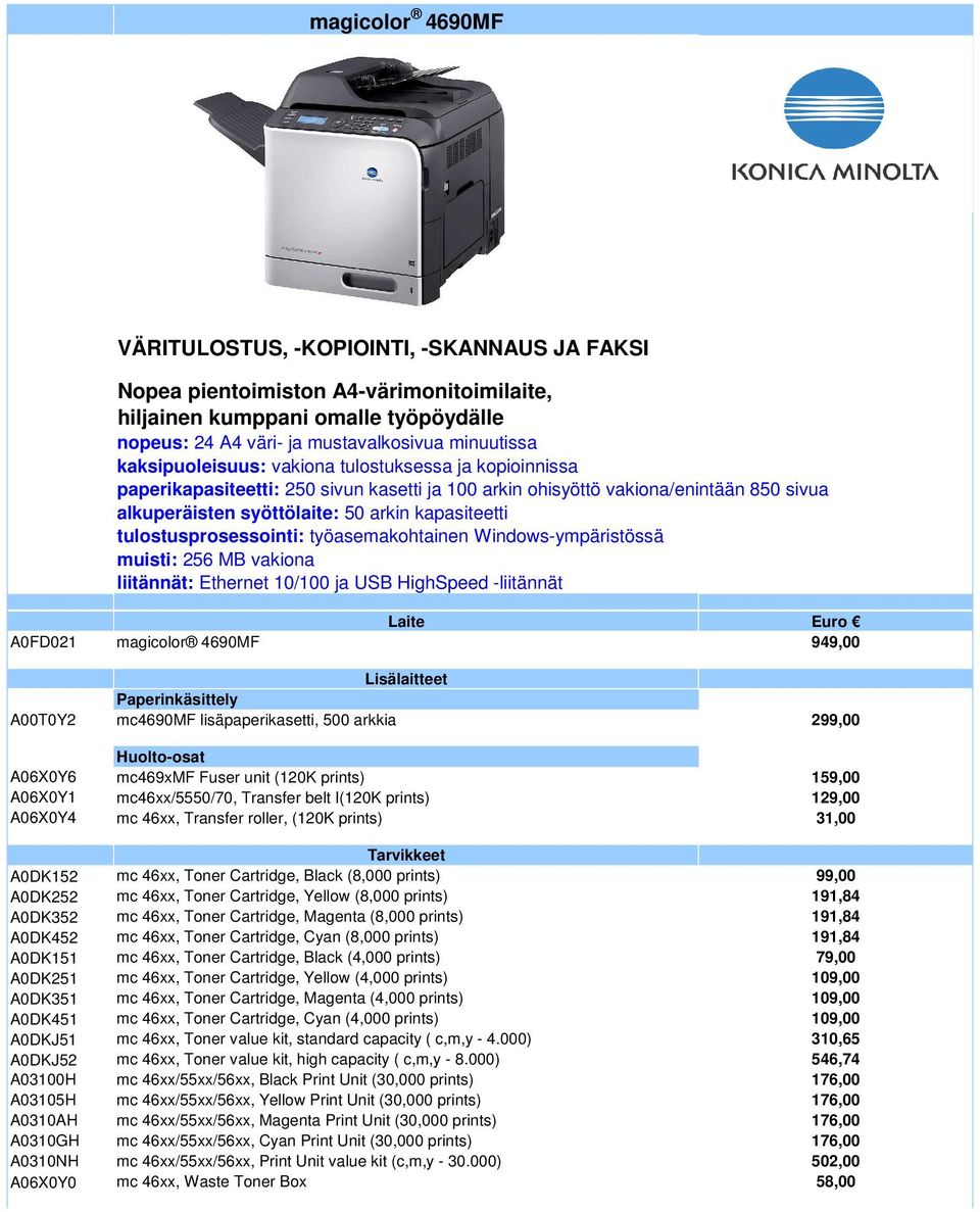 tulostusprosessointi: työasemakohtainen Windows-ympäristössä muisti: 256 MB vakiona liitännät: Ethernet 10/100 ja USB HighSpeed -liitännät Laite Euro A0FD021 magicolor 4690MF 949,00 A00T0Y2 mc4690mf