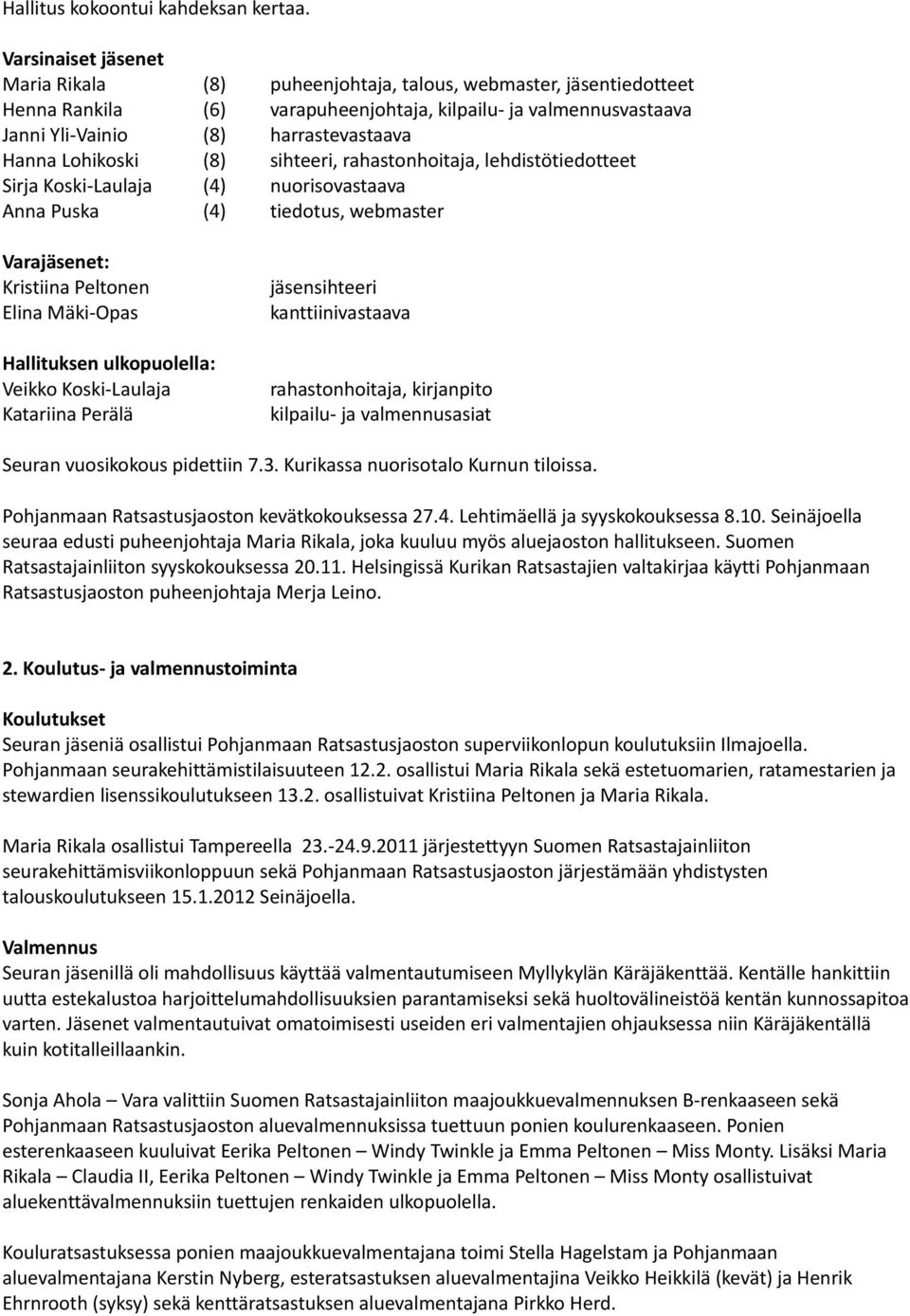 Lohikoski (8) sihteeri, rahastonhoitaja, lehdistötiedotteet Sirja Koski-Laulaja (4) nuorisovastaava Anna Puska (4) tiedotus, webmaster Varajäsenet: Kristiina Peltonen Elina Mäki-Opas Hallituksen