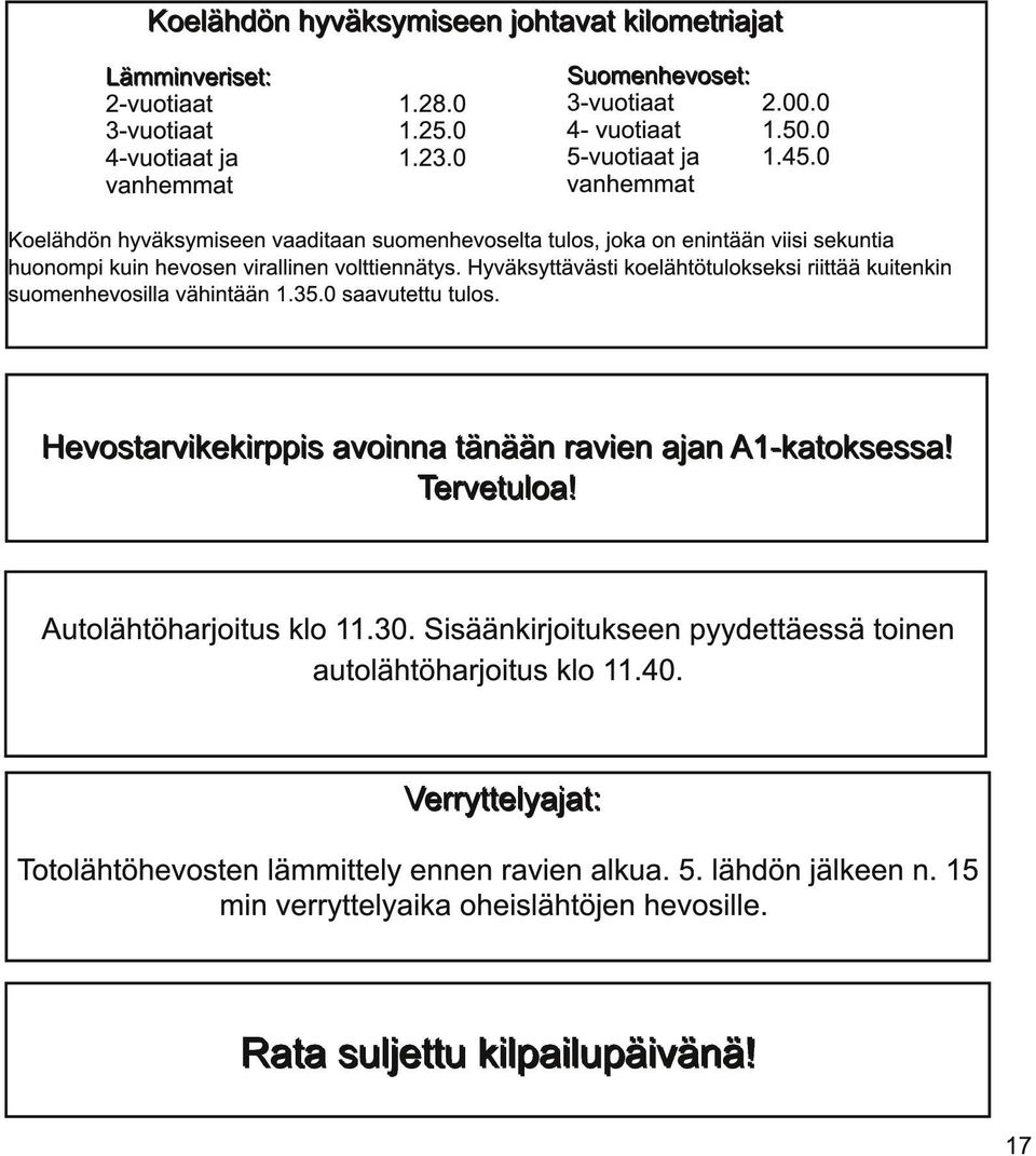 Hyväksyttävästi koelähtötulokseksi riittää kuitenkin suomenhevosilla vähintään 1.35.0 saavutettu tulos. Hevostarvikekirppis avoinna tänään ravien ajan A1 -katoksessa! Tervetuloa!