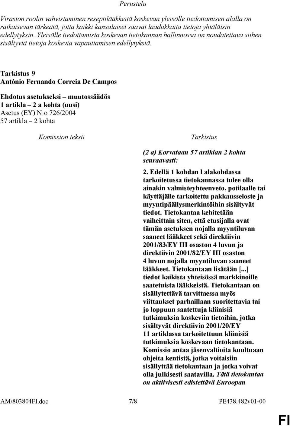 9 1 artikla 2 a kohta (uusi) Asetus (EY) N:o 726/2004 57 artikla 2 kohta (2 a) Korvataan 57 artiklan 2 kohta seuraavasti: 2.