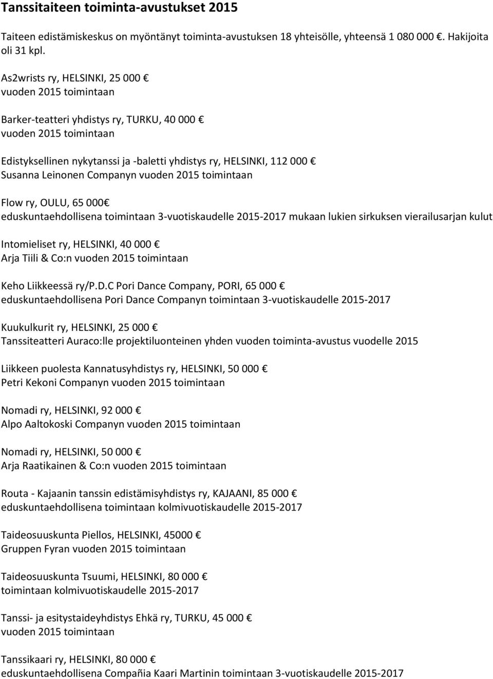 eduskuntaehdollisena toimintaan 3-vuotiskaudelle 2015-2017 mukaan lukien sirkuksen vierailusarjan kulut Intomieliset ry, HELSINKI, 40 000 Arja Tiili & Co:n Keho Liikkeessä ry/p.d.c Pori Dance