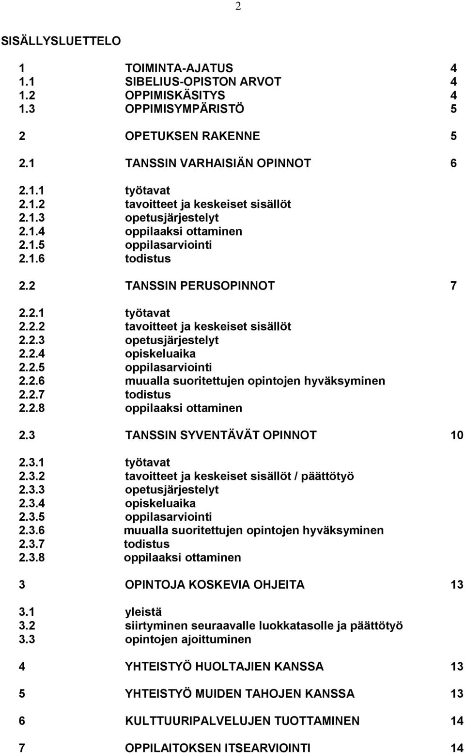 2.5 oppilasarviointi 2.2.6 muualla suoritettujen opintojen hyväksyminen 2.2.7 todistus 2.2.8 oppilaaksi ottaminen 2.3 TANSSIN SYVENTÄVÄT OPINNOT 10 2.3.1 työtavat 2.3.2 tavoitteet ja keskeiset sisällöt / päättötyö 2.