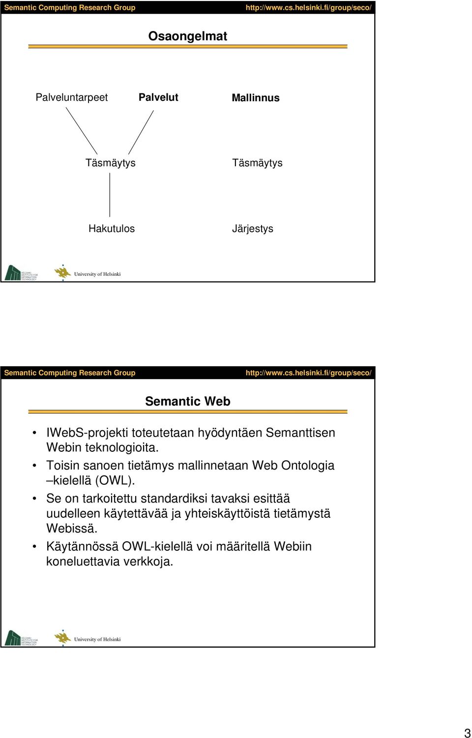 Toisin sanoen tietämys mallinnetaan Web Ontologia kielellä (OWL).