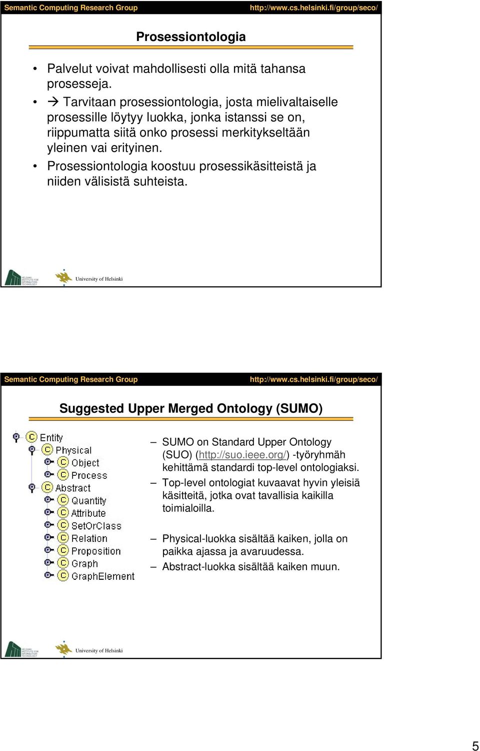 Prosessiontologia koostuu prosessikäsitteistä ja niiden välisistä suhteista. Suggested Upper Merged Ontology (SUMO) SUMO on Standard Upper Ontology (SUO) (http://suo.ieee.