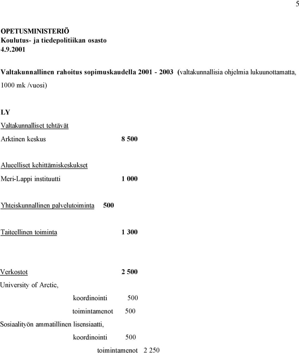 Valtakunnalliset tehtävät Arktinen keskus 8 500 Alueelliset kehittämiskeskukset Meri-Lappi instituutti 1 000