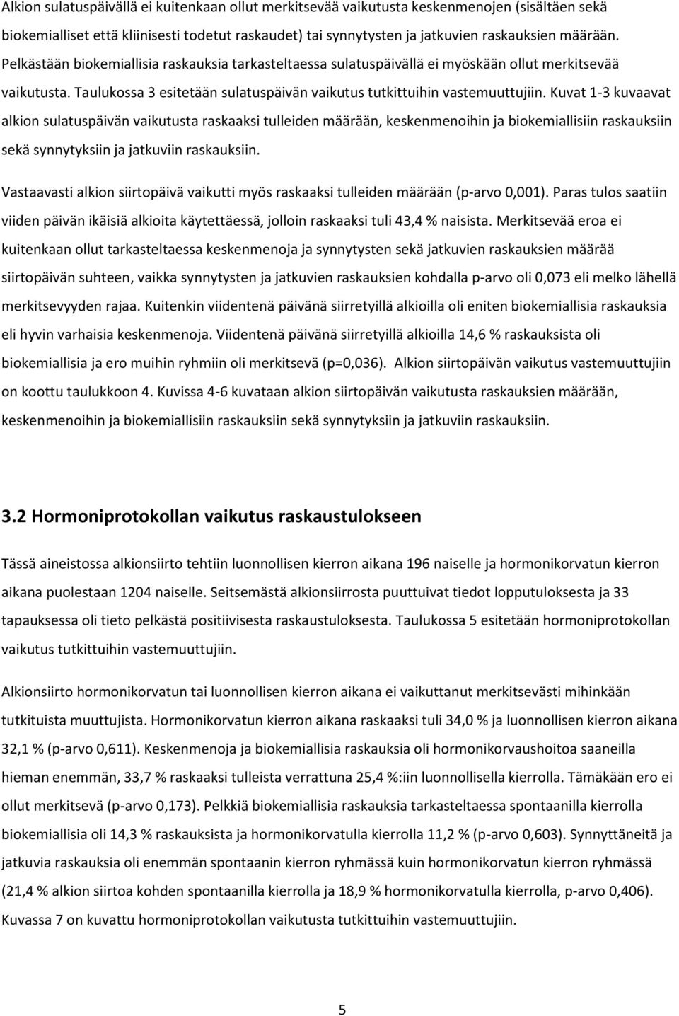 Kuvat 1-3 kuvaavat alkion sulatuspäivän vaikutusta raskaaksi tulleiden määrään, keskenmenoihin ja biokemiallisiin raskauksiin sekä synnytyksiin ja jatkuviin raskauksiin.