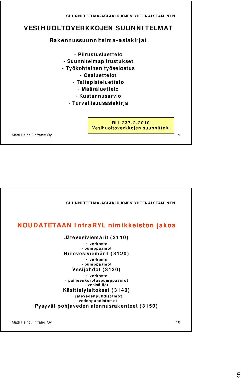 InfraRYL nimikkeistön jakoa - pumppaamot Hulevesiviemärit (3120) - pumppaamot Vesijohdot (3130) - paineenkorotuspumppaamot - vesisäiliöt