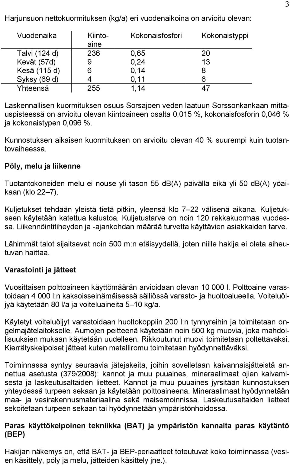 0,046 % ja kokonaistypen 0,096 %. Kunnostuksen aikaisen kuormituksen on arvioitu olevan 40 % suurempi kuin tuotantovaiheessa.