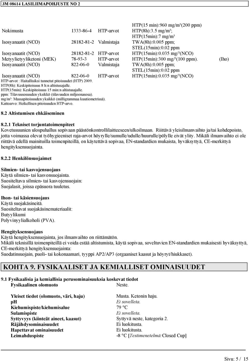 (Iho) Isosyanaatit (NCO) 822-06-0 Valmistaja TWA(8h):0.005 ppm; STEL(15min):0.02 ppm Isosyanaatit (NCO) 822-06-0 HTP-arvot HTP(15min):0.