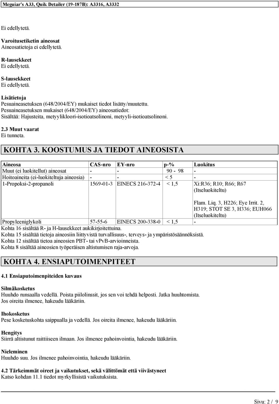 Pesuaineasetuksen mukaiset (648/2004/EY) aineosatiedot: Sisältää: Hajusteita, metyylikloori-isotioatsolinoni, metyyli-isotioatsolinoni. 2.3 Muut vaarat Ei tunneta. KOHTA 3.