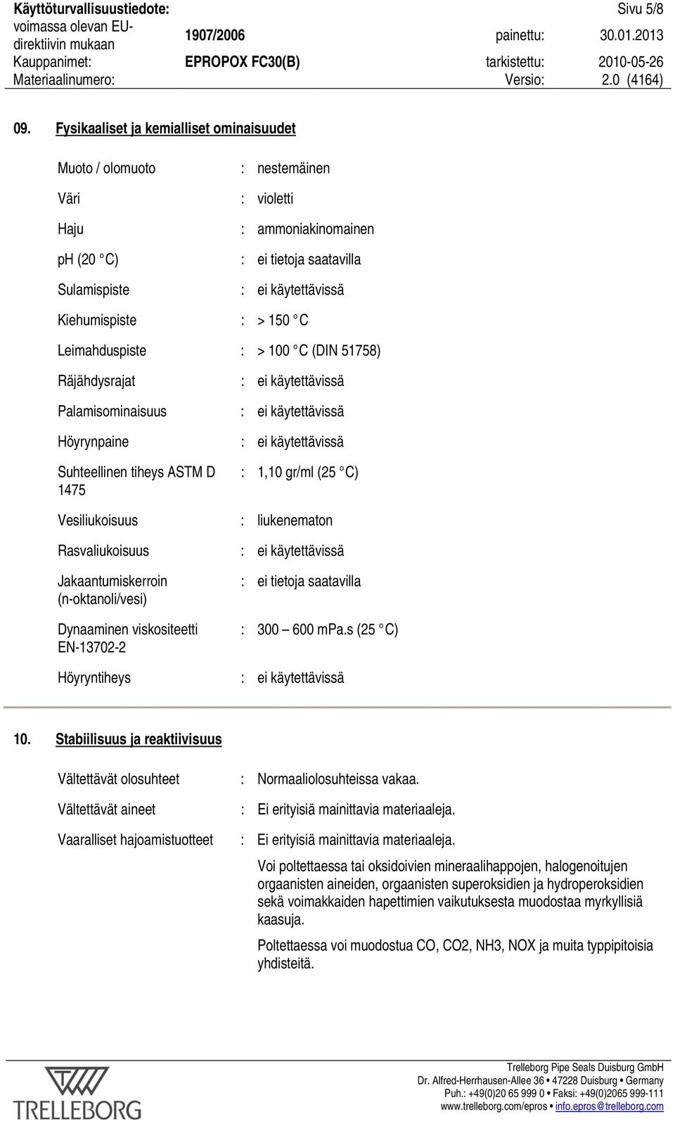 : > 100 C (DIN 51758) Räjähdysrajat Palamisominaisuus Höyrynpaine Suhteellinen tiheys ASTM D 1475 Vesiliukoisuus Rasvaliukoisuus Jakaantumiskerroin (n-oktanoli/vesi) Dynaaminen viskositeetti